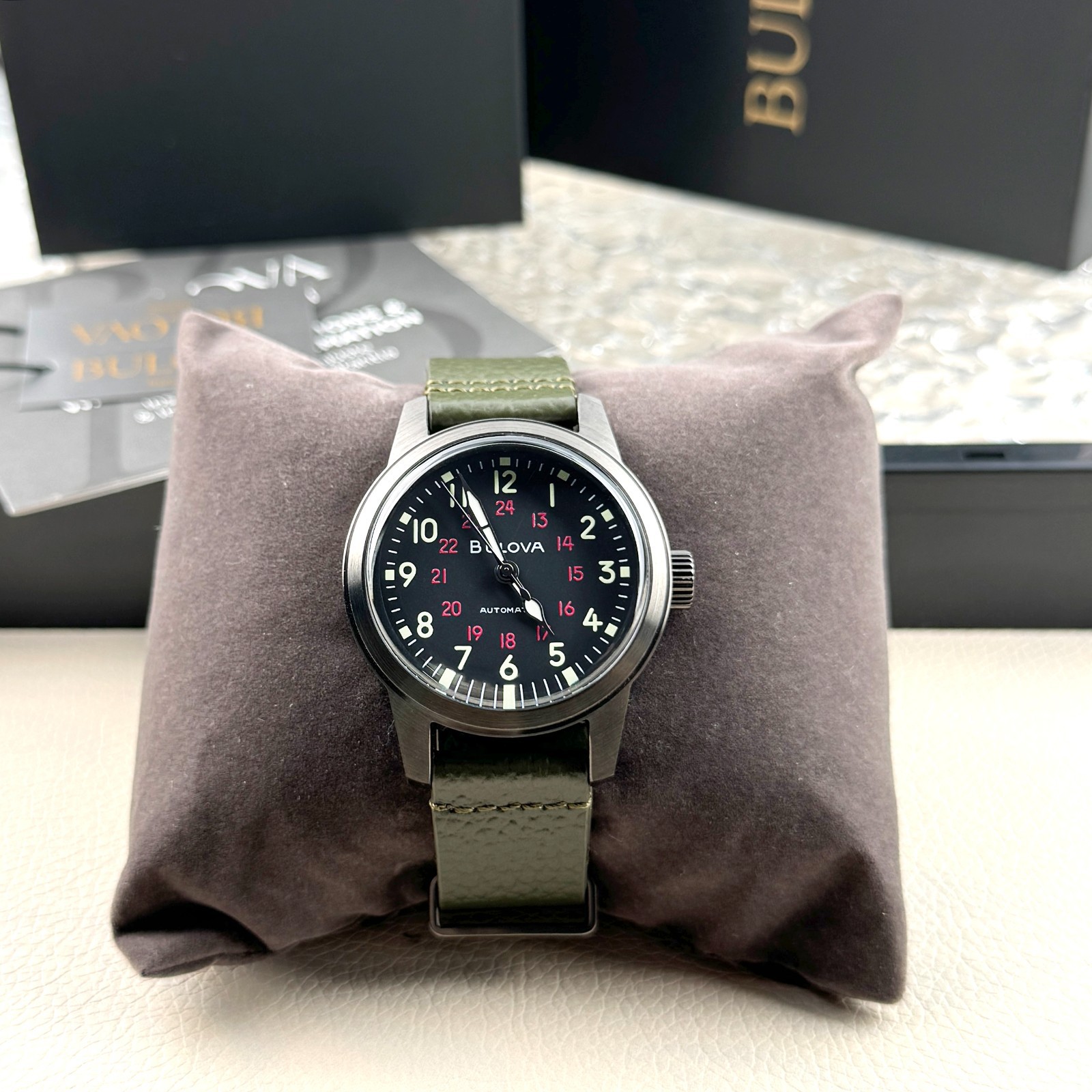 Bulova VWI Hack Automatic Black Dial Leather Strap Men’s Watch 98A255 38mm