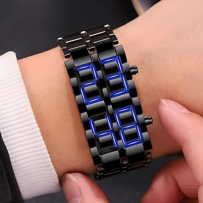 LED Digital Watch, Black & Blue Stainless Steel Lava Style, Samurai Bracelet