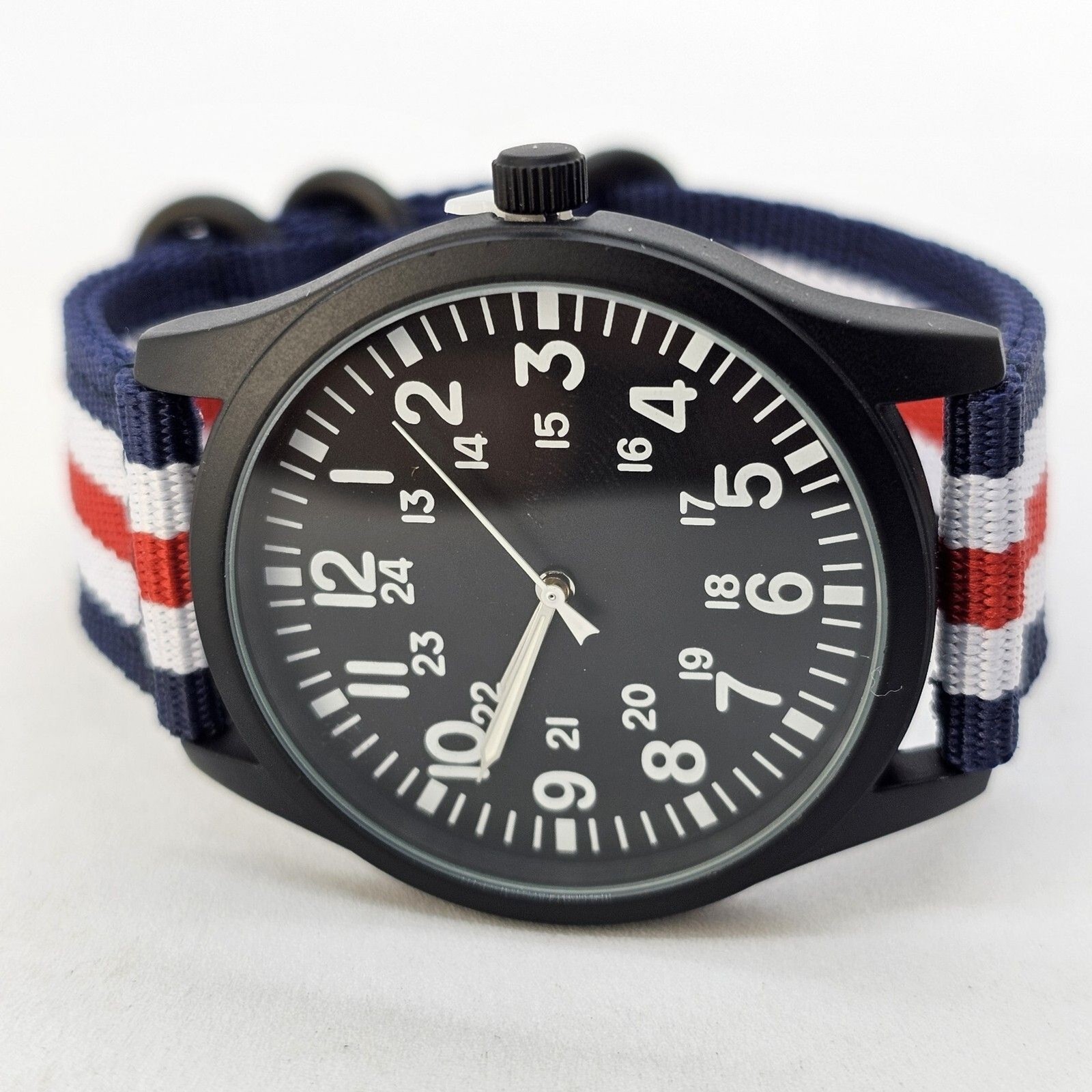 Field Men’s Watch 42MM Black Case Dial Blue White Red Canvas Band Straps NewBatt
