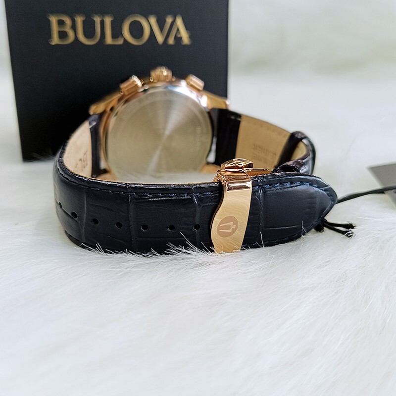 Men’s Bulova Wilton Blue Classic Chronograph 97B170 Quartz Leather Watch 46.5mm