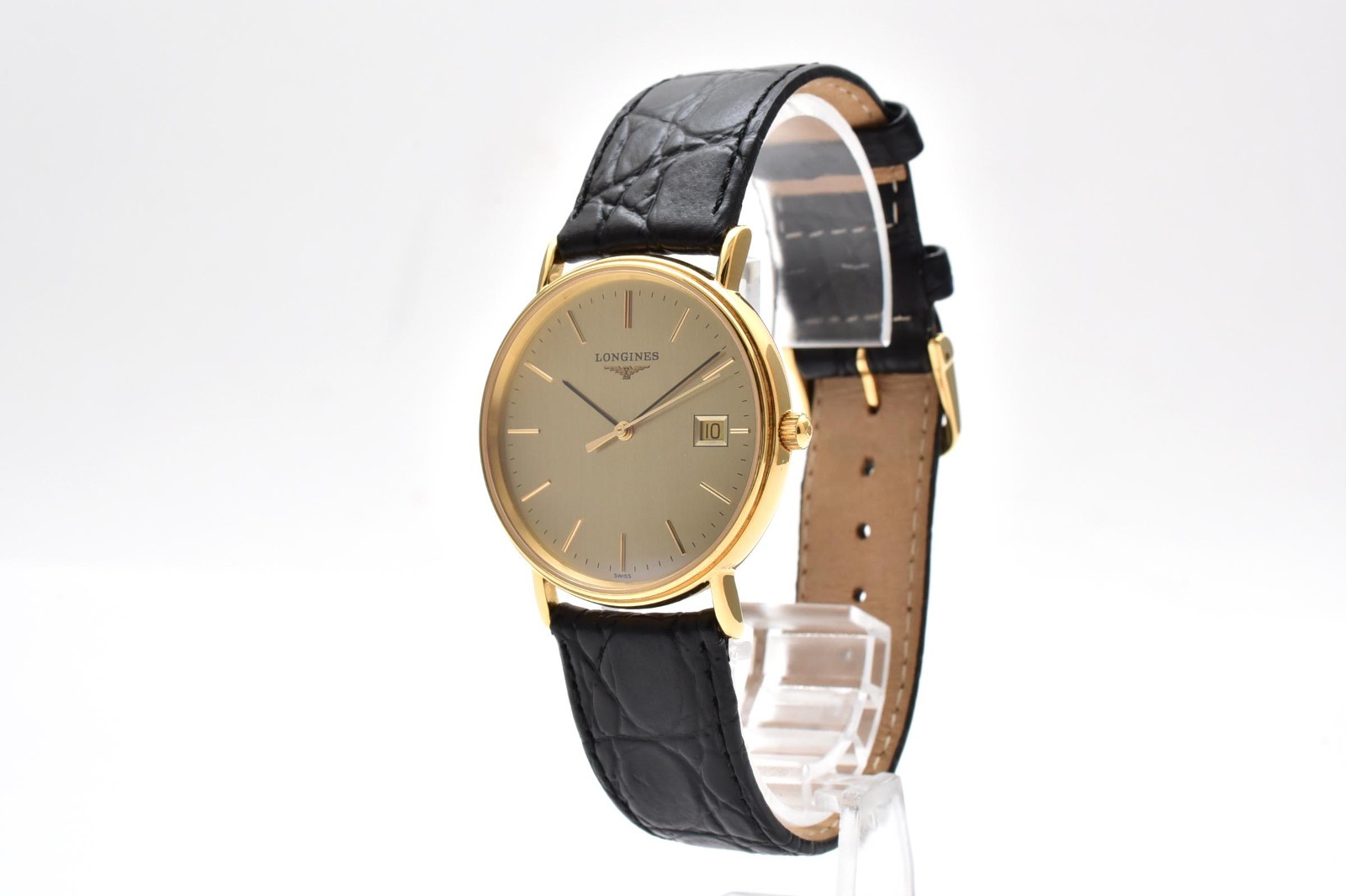Vintage[Near MINT] LONGINES L4.720.2 Gold Dial Black New Batt Date Qz Mens JAPAN