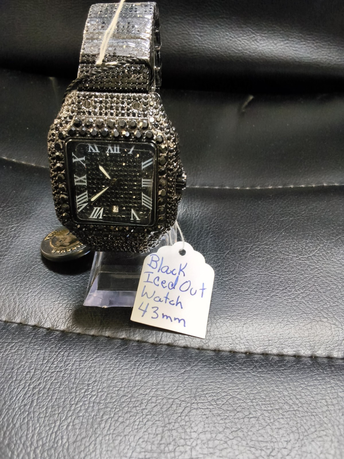 AJ Black Iced Out Quartz Watch 43mm Roman Numeral Date Crystal Men’s NewPrice:
