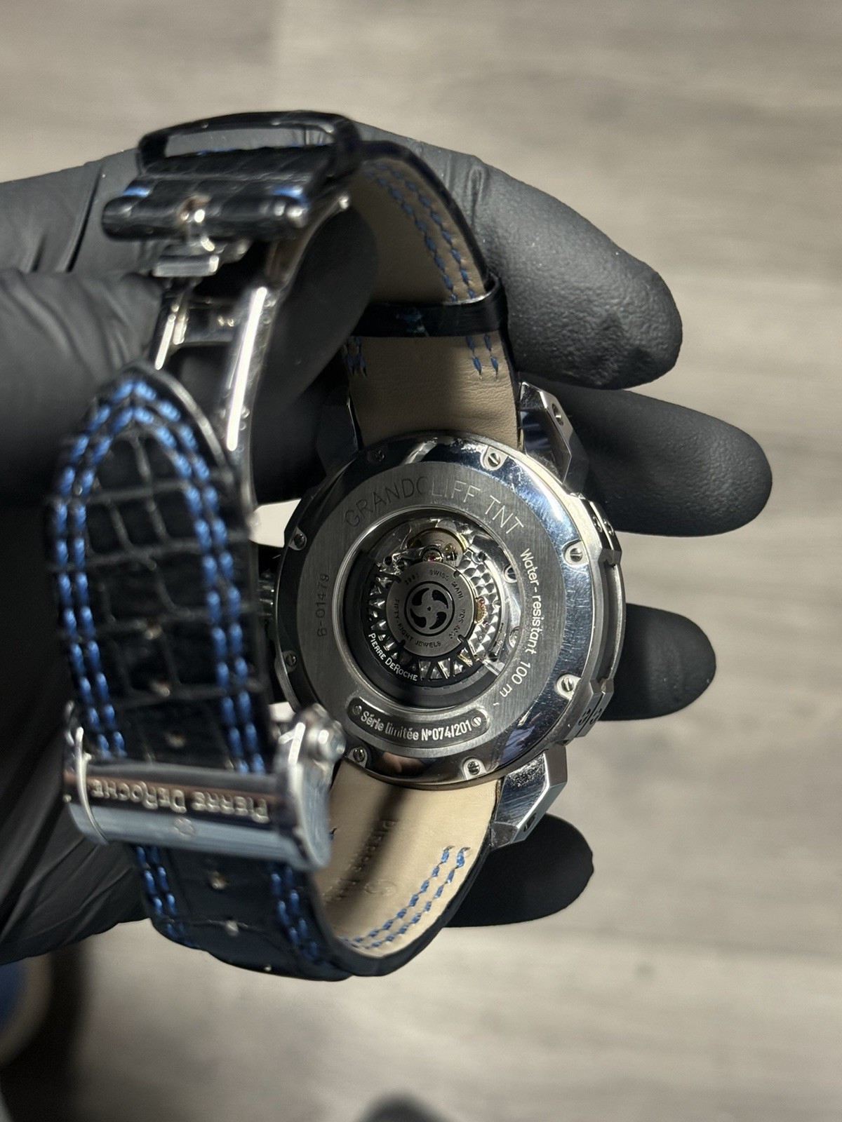 Pierre DeRoche TNT 47.5 mm ROYAL RETRO Skeleton 100m Leather Strap
