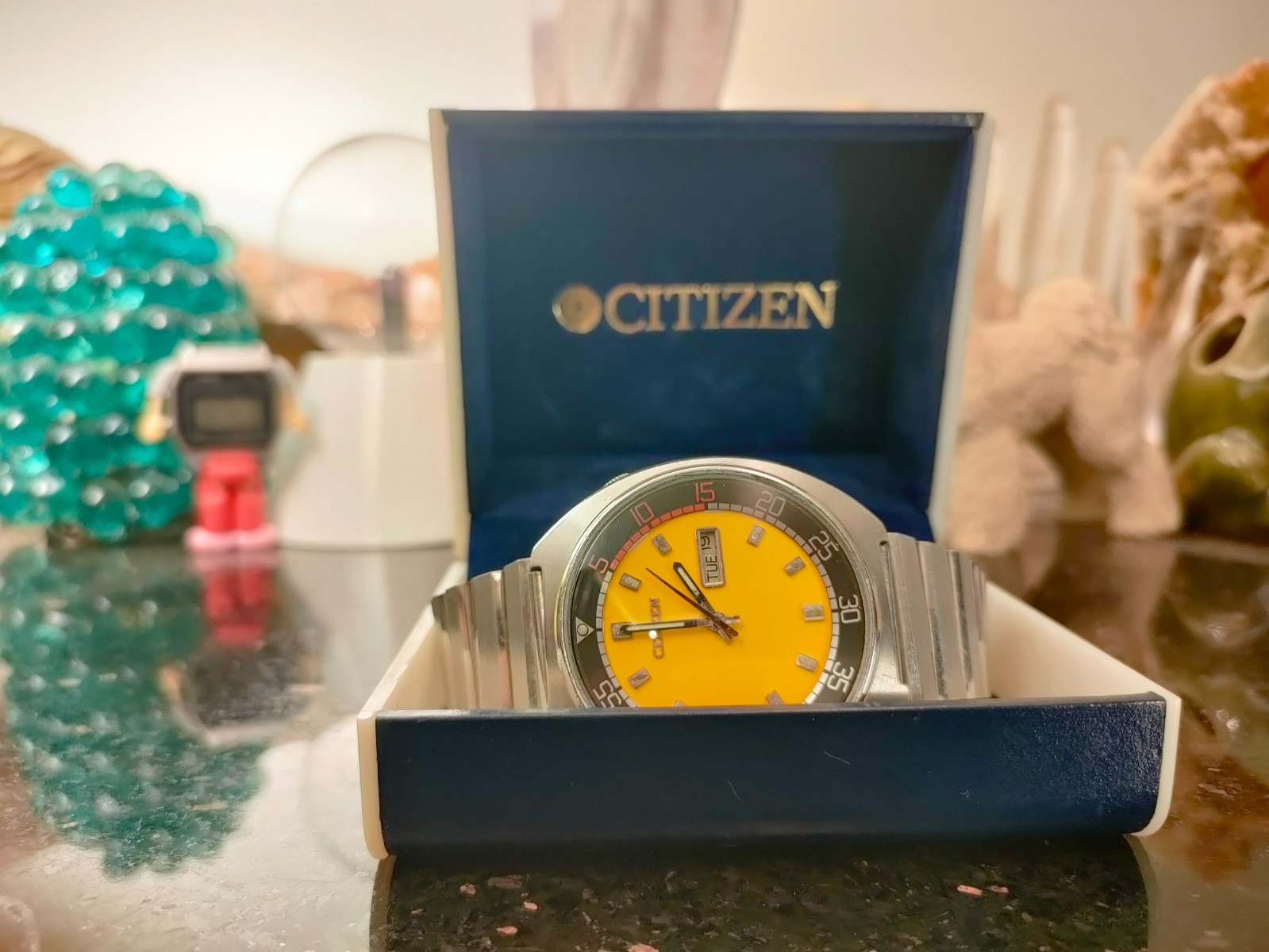 1978 Vintage Yellow Dial Automatic Citizen Bullhead Challenge Timer Day& Date