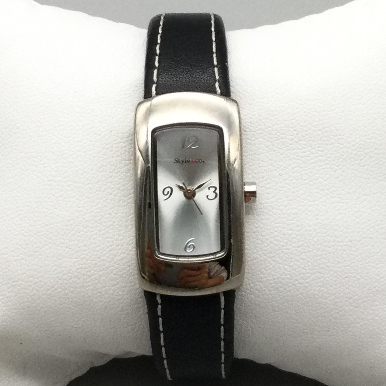 Style&co Womens Watch 18mm Silver Tone Black Leather Open Cuff New Battery