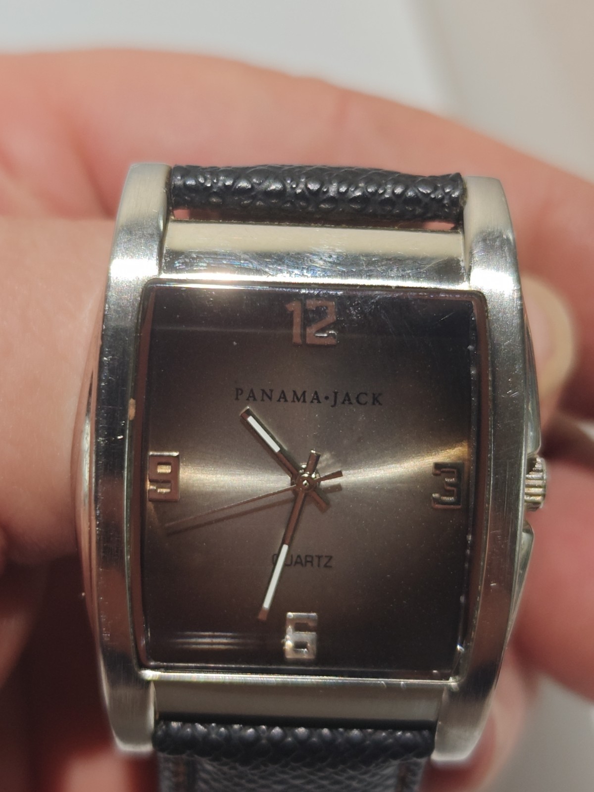 Vintage Panama Jack Ocean Side Mens Wrist Watch Silver Bronze Dial Leather Nice