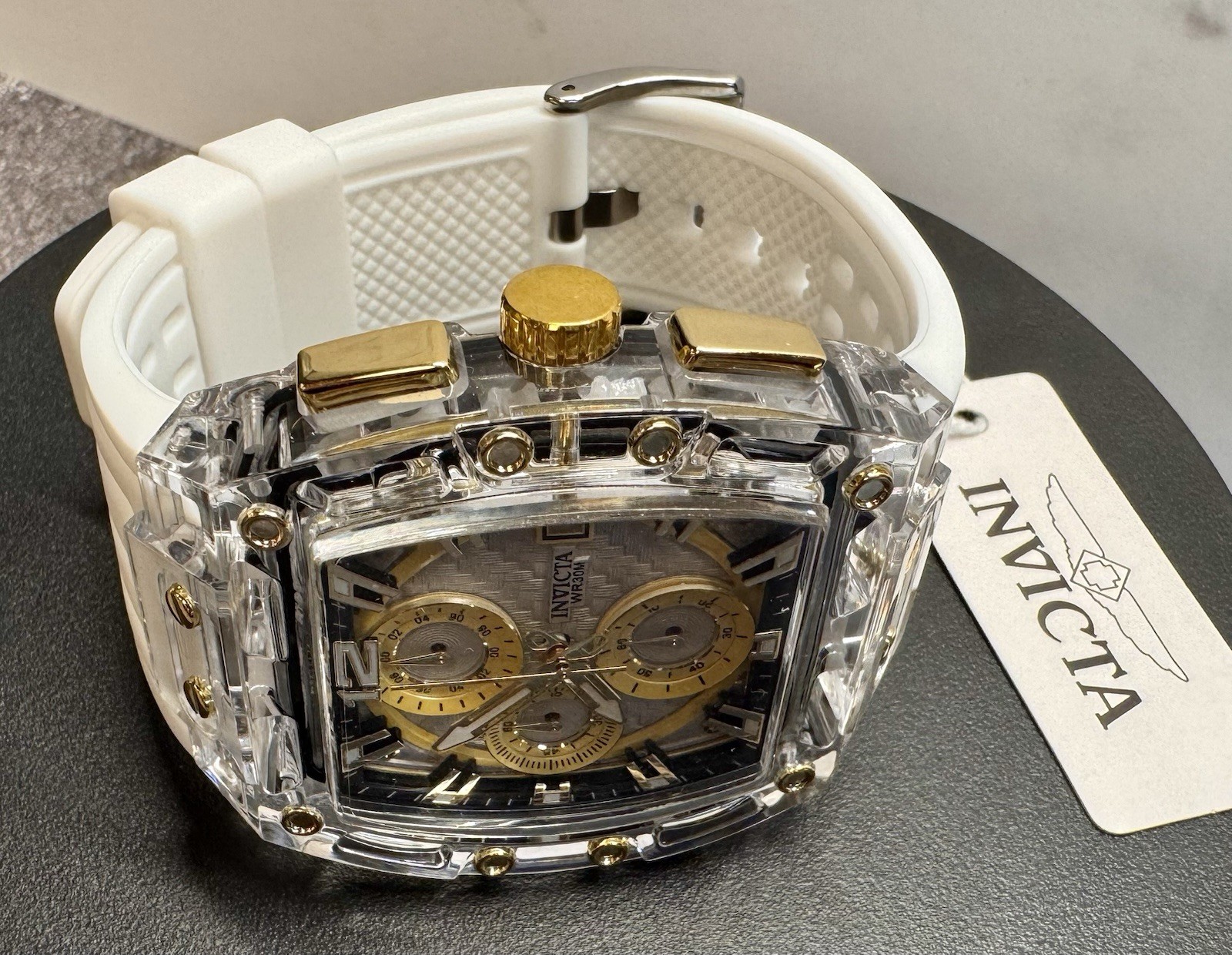 Invicta S1 Rally Allogrip 70147 42mm Clear/Gold Case White Strap Chronograph NIB