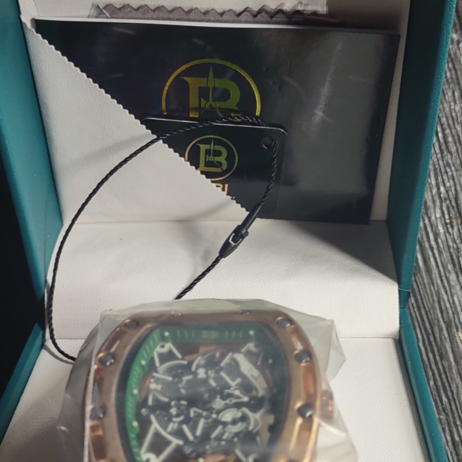 Bibi Tonneau Automatic Skeleton Watch Rose Gold Case Green Strap Box Papers