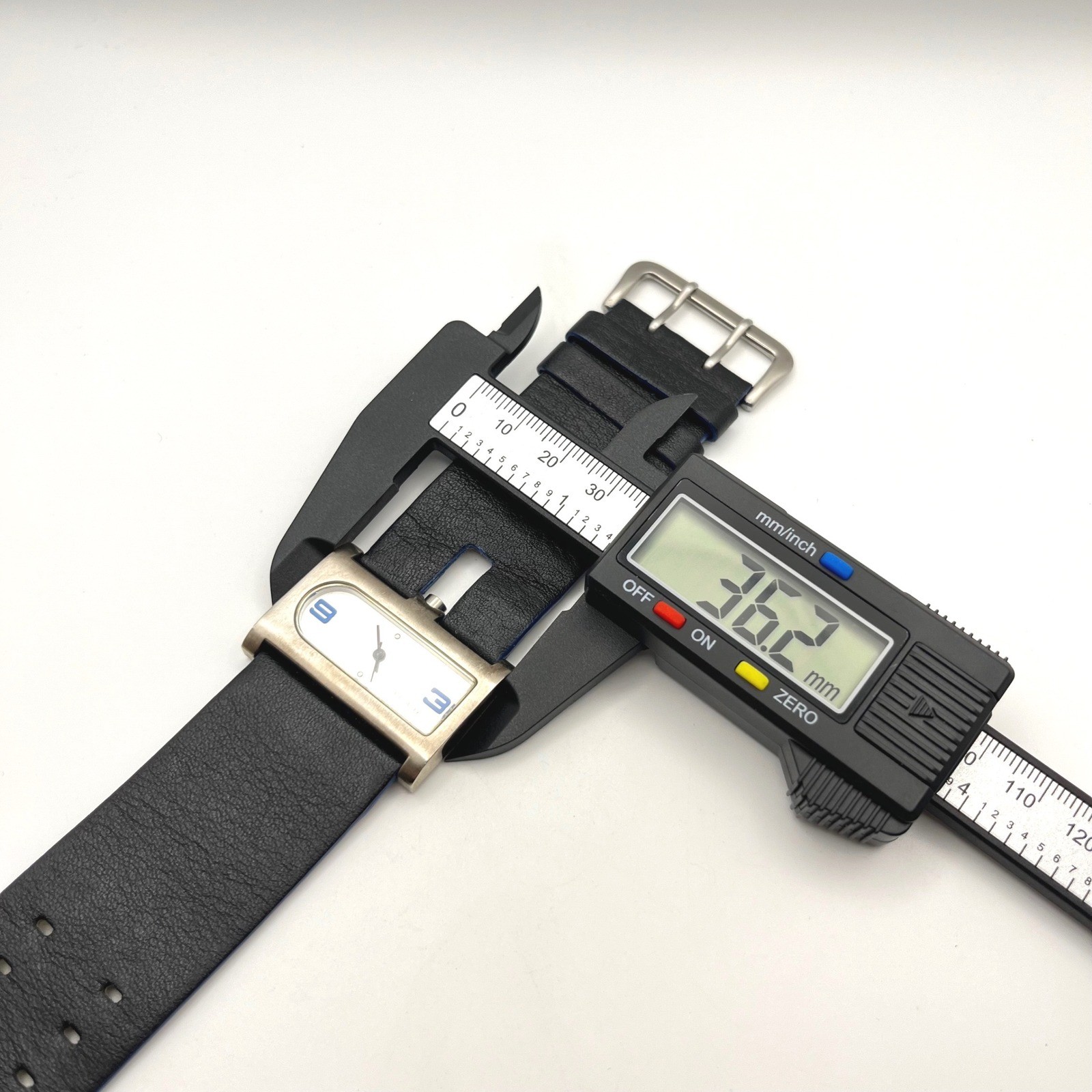 TOKYObay Rectangular Watch Black Leather Wide Strap Blue Accents Brushed Silver