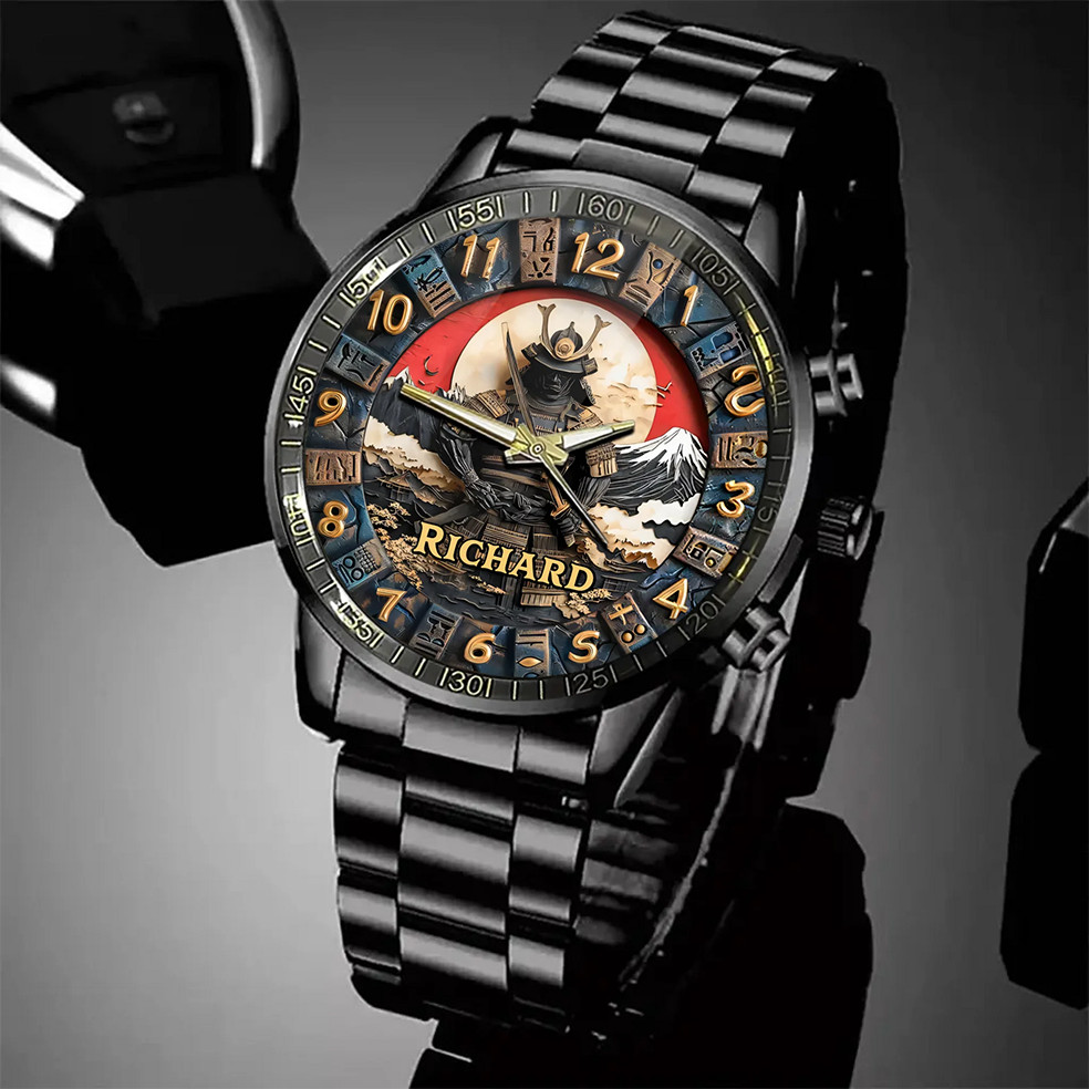 Personalized Japanese Samurai Design Watch – Custom Name Engraved Timepiece