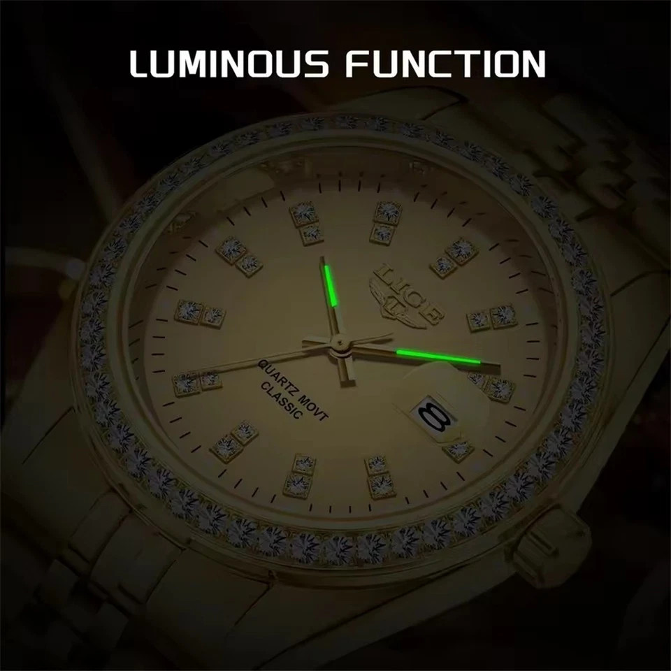 LIGE Men Quartz Watch Full Gold Steel Wristwatch Male Business with Date Watches