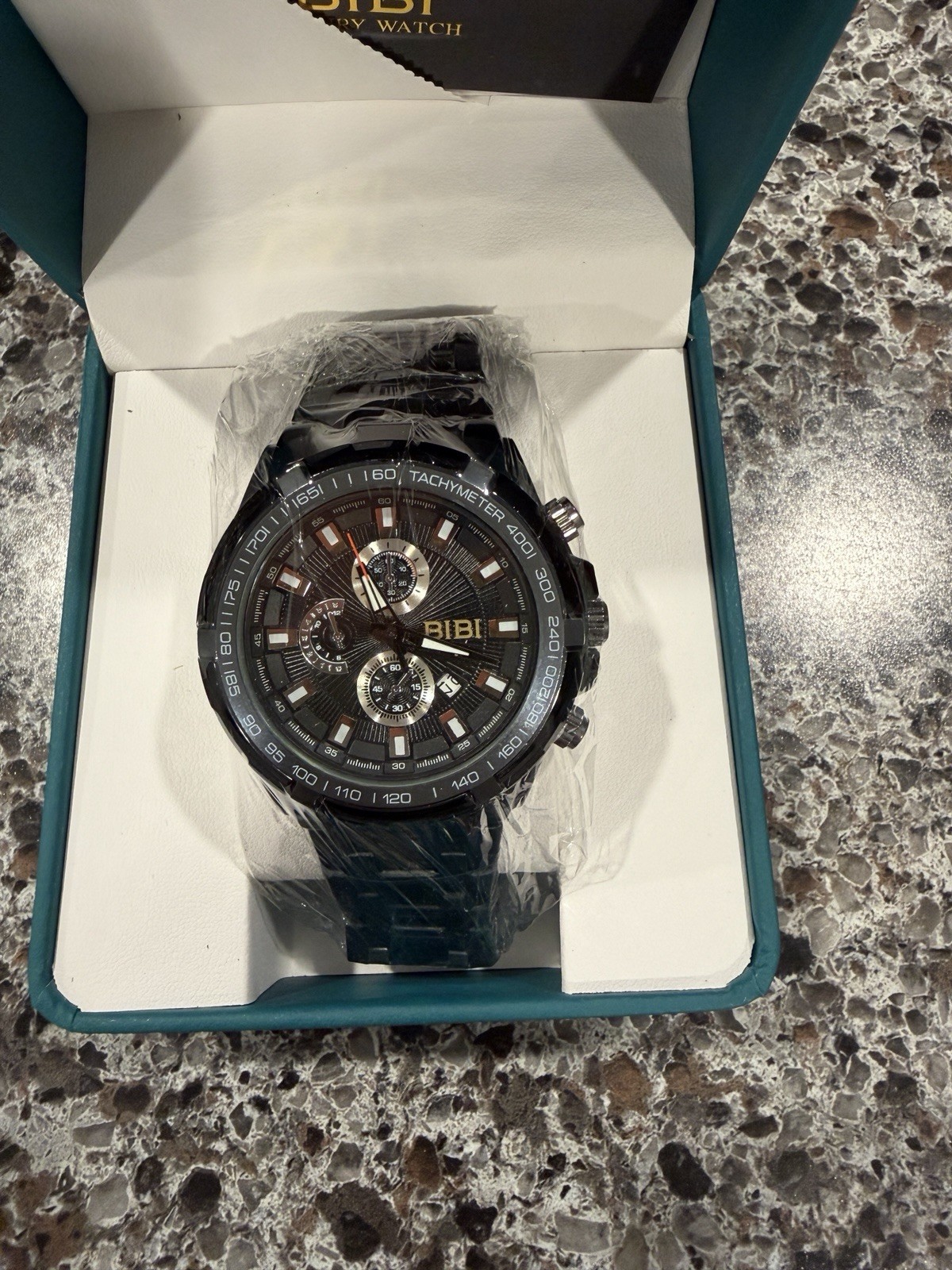 BIBI Men’s Chronograph Watch Black Dial Tachymeter Metal Bracelet w/ Box