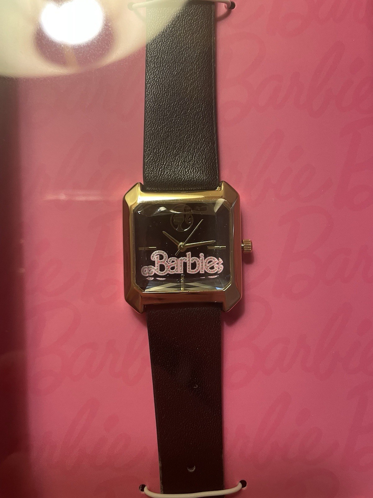 Barbie Womens Limited Edition Glitter Faux Leather Watch Black Square Silhouette