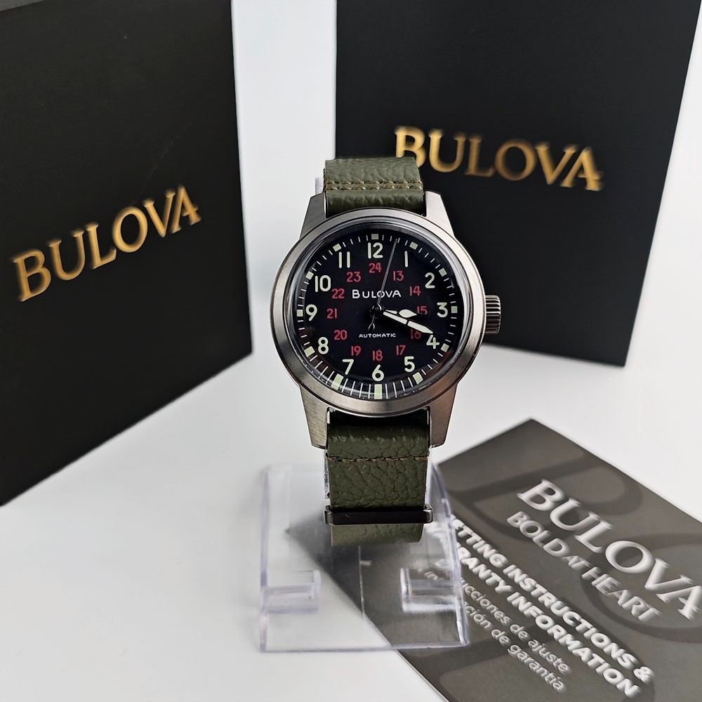 Bulova 98A255 Hack Black Dial Green Leather Strap Automatic Men’s Watch 38MM