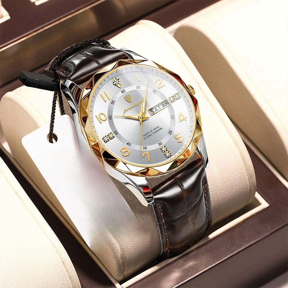 Mens Calendar Watch Quartz Wristwatch Man Leather Watches Waterproof Luminous