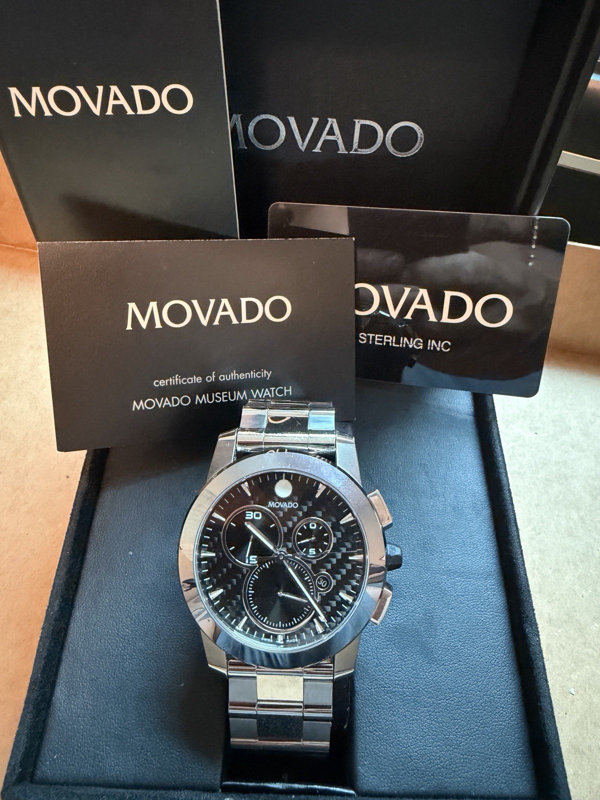 Movado Museum Quartz Chronograph Date Black Dial 43mm Steel Watch Box Papers