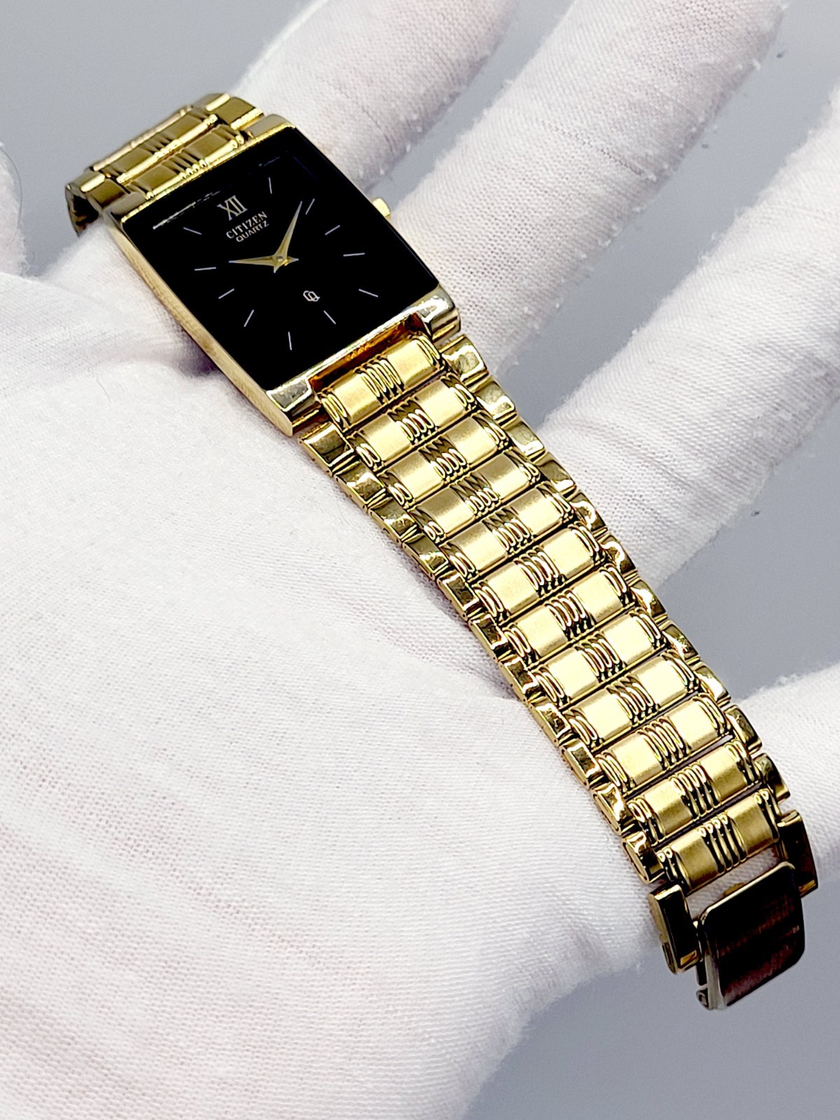 [N. MINT] 1987 Citizen Tank Quartz Men’s Watch Black Gold Tone New Battery 7.7″