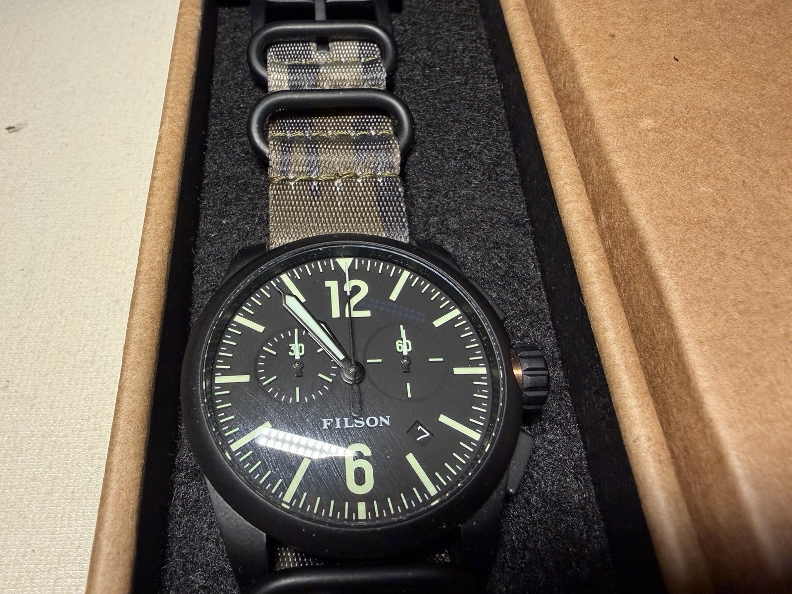 Filson Field Chronograph 43 Black PVD Bottomland G10 NATO Watch NOS Box 43mm