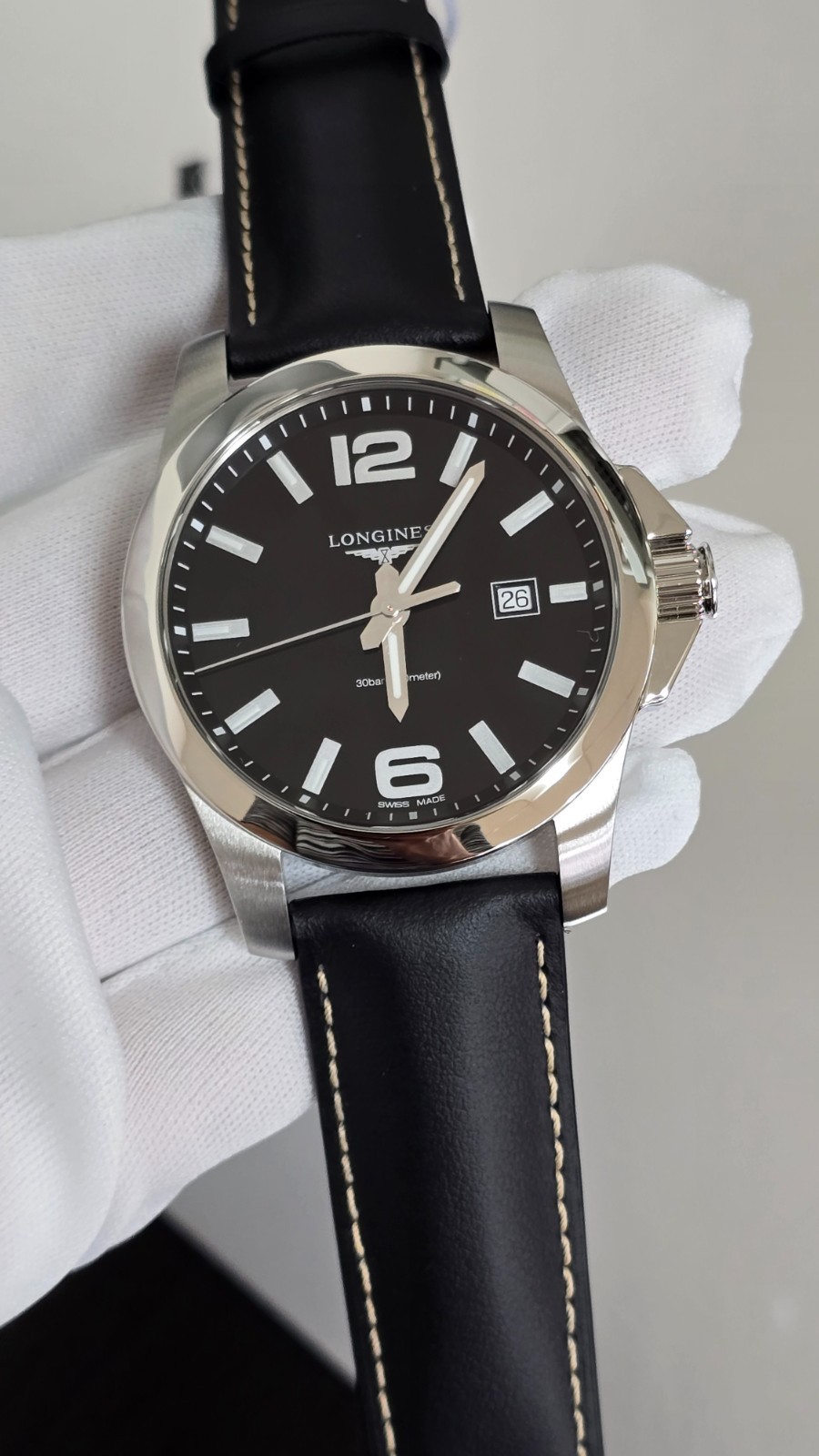 Longines Conquest 43mm Quartz SS Black Leather Band Men’s Watch L3.760.4.56.3