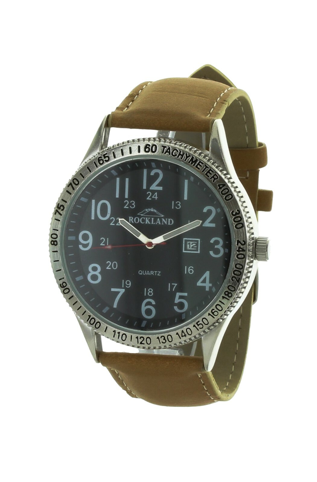 CLASSIC MENS ROCKLAND QUARTZ WATCH WITH DATE INDICATOR BLACK DIAL LIGHT BROWN BA