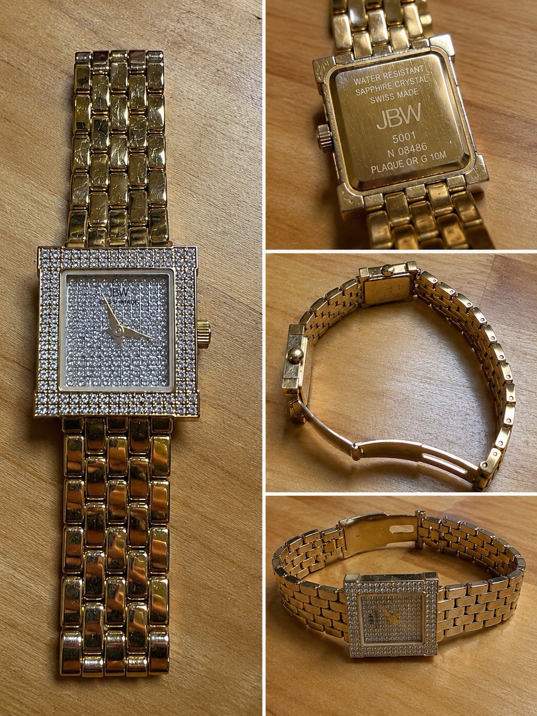Vintage JBW 5001 Gold Tone Square Pavé Dial GemSet Bezel Quartz Sapphire Crystal