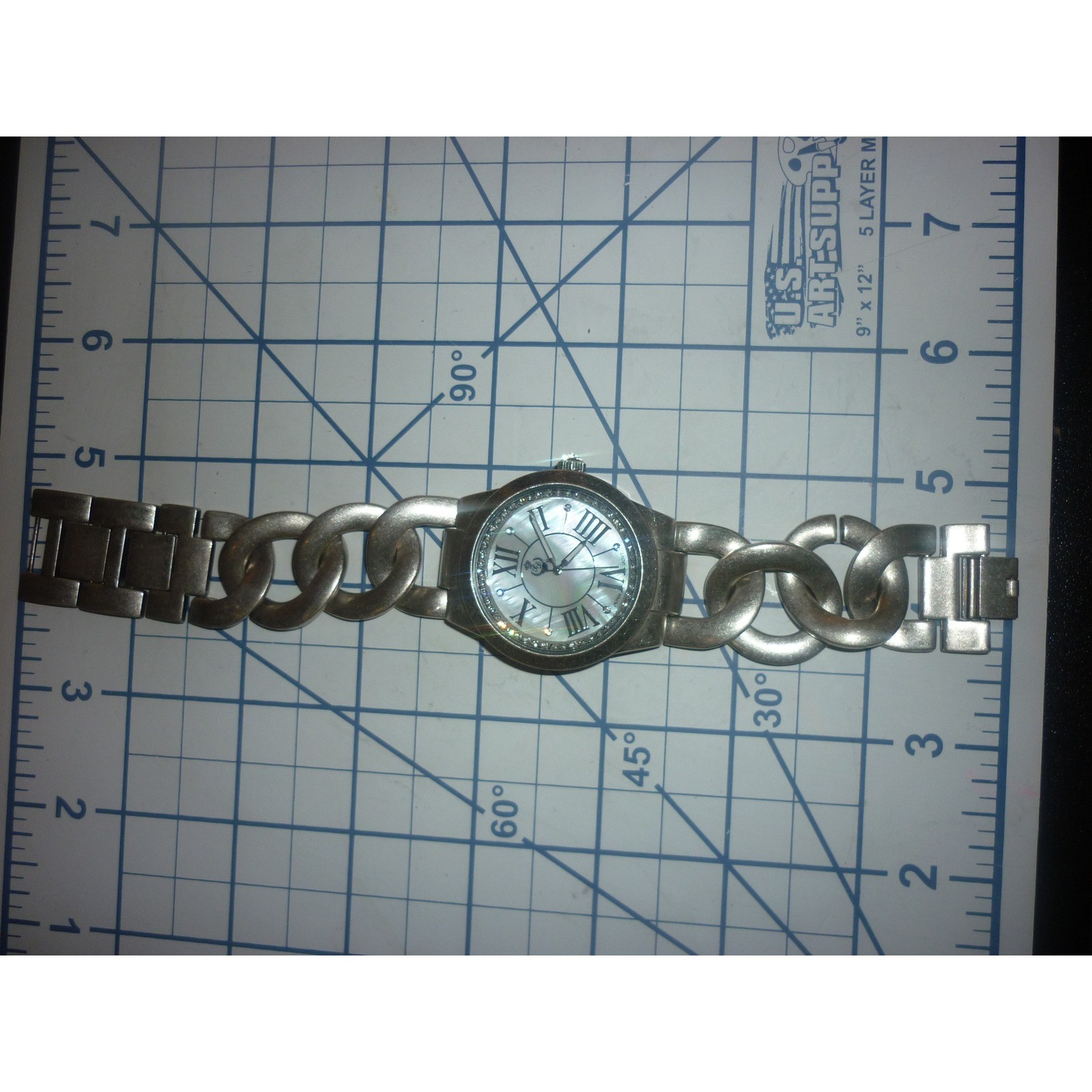 Premiere Designs Watch 9429 Silver Tone Chain Link Mother of Pearl Rhinestone