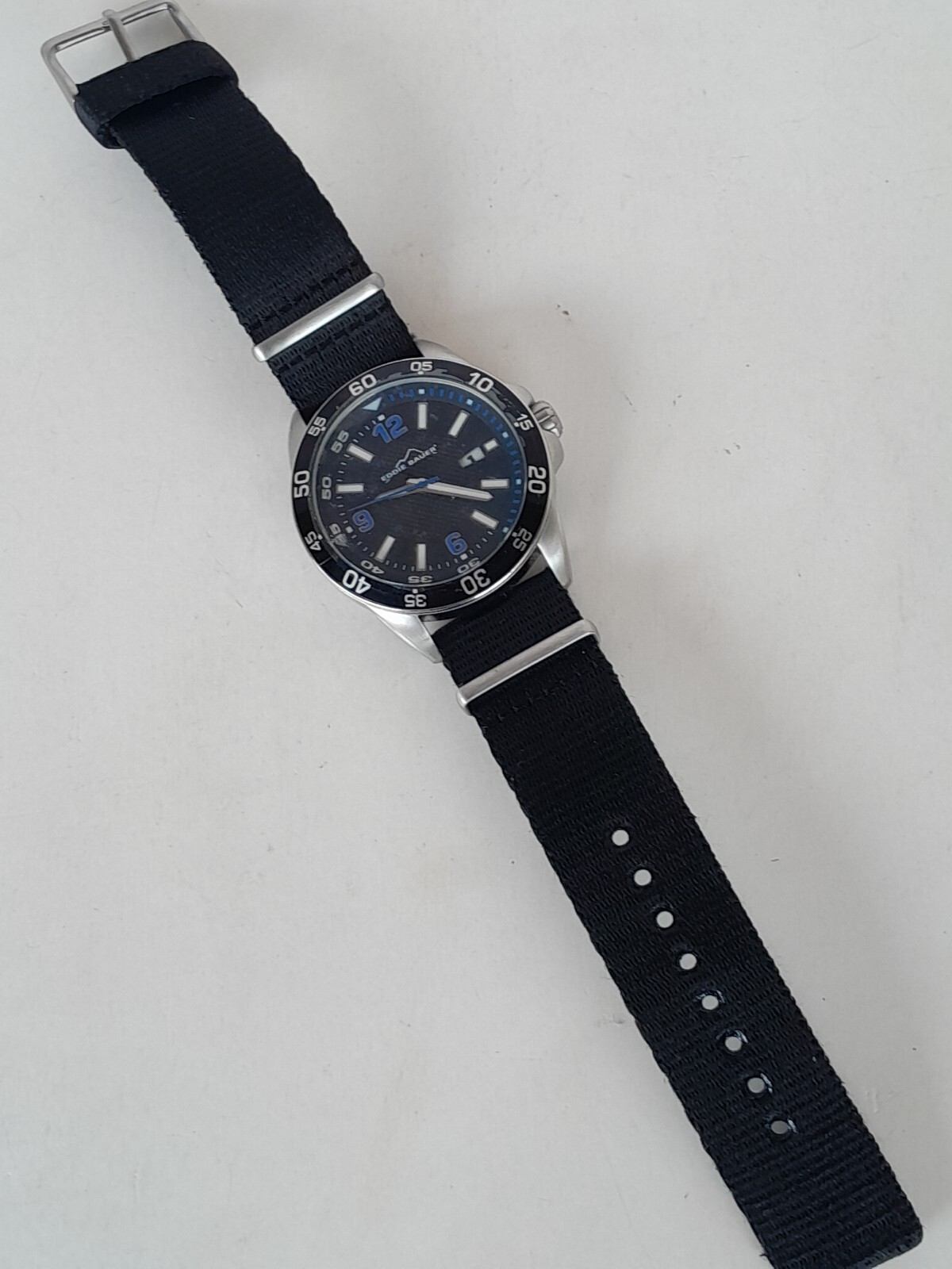 Eddie Bauer Mens Watch – Chunky Black & White Blue – Nylon Wristband 10ATM/100m