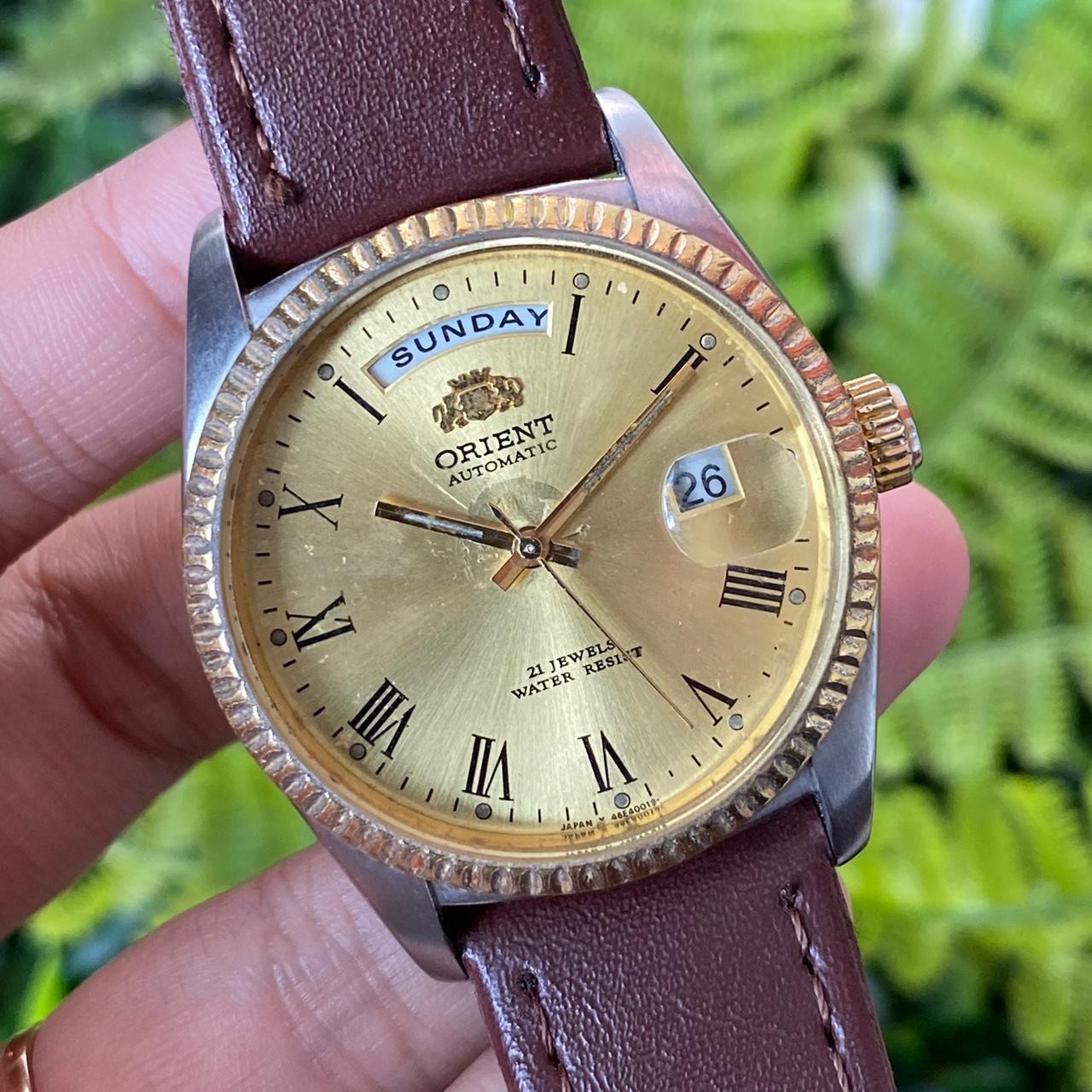 Rare Orient President Automatic Gold Dial Roman Index Day Date Vintage Watch Men