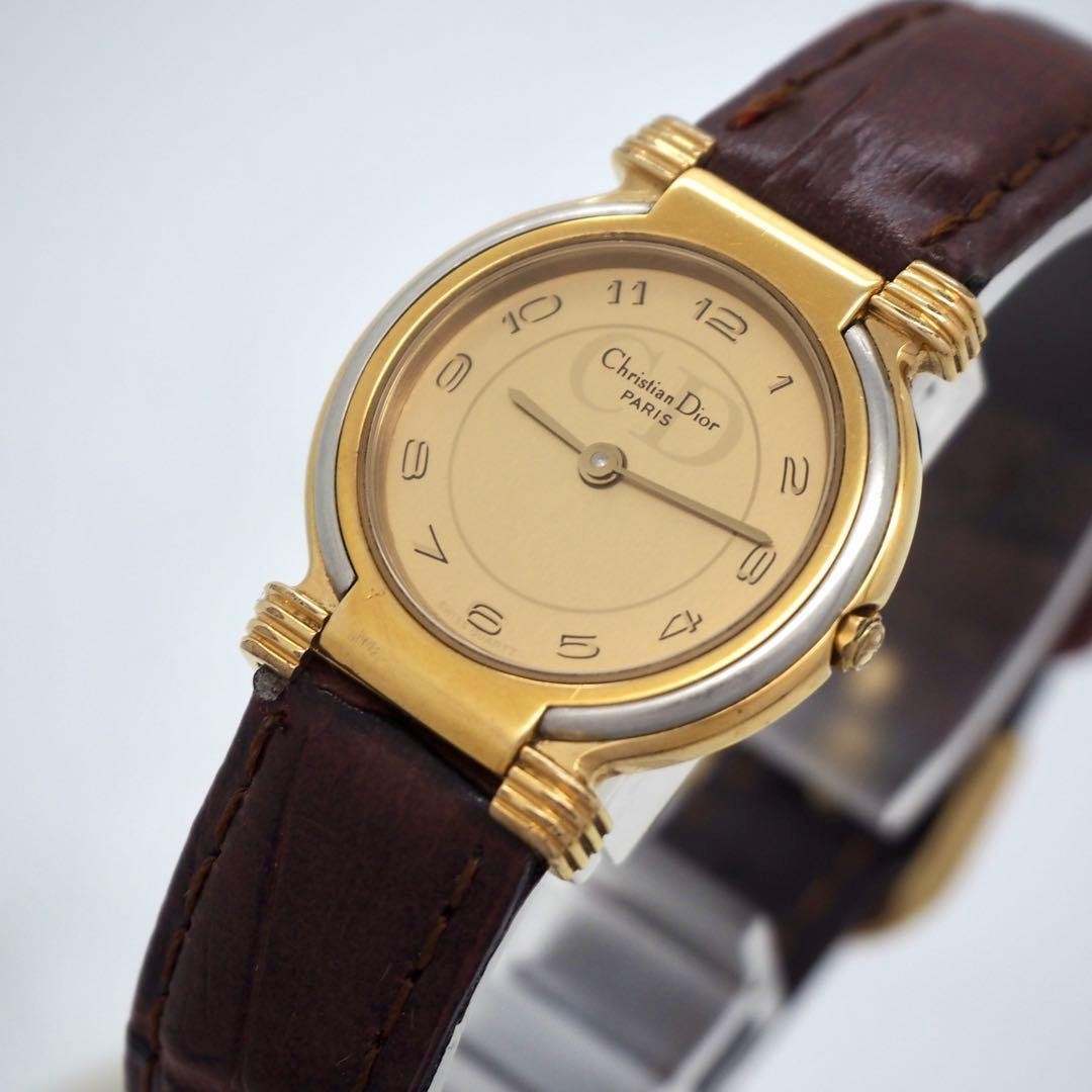 Christian Dior Quartz Ladies Vintage Watch Gold Logo Dial Brown Band Japan
