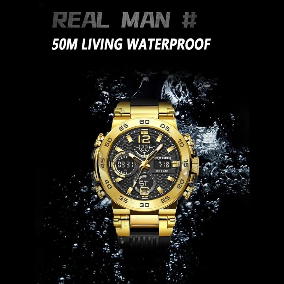 LIGE FOXBOX Men Watch Quartz LED Digital Analog Luminous Waterproof Wristwatch