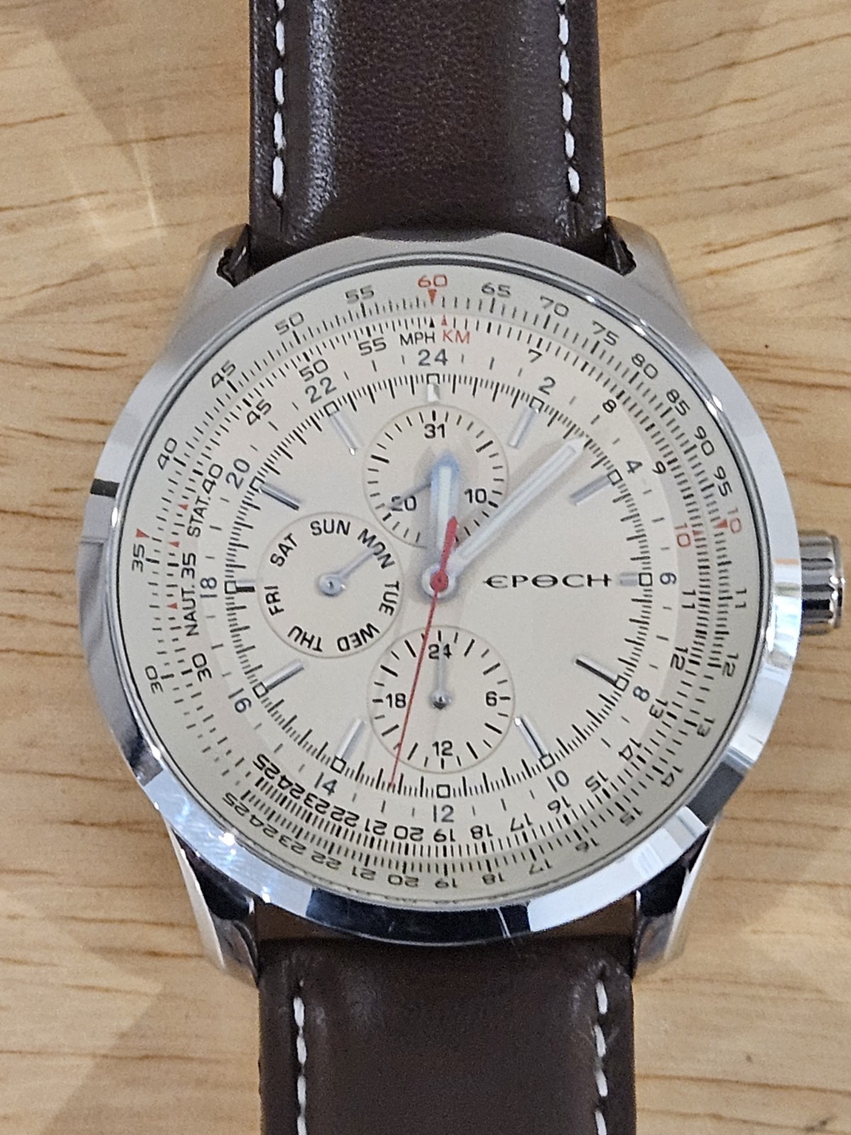 Mens Epoch Pilot/Flight Chronograph Watch W/ Genuine Leather Band