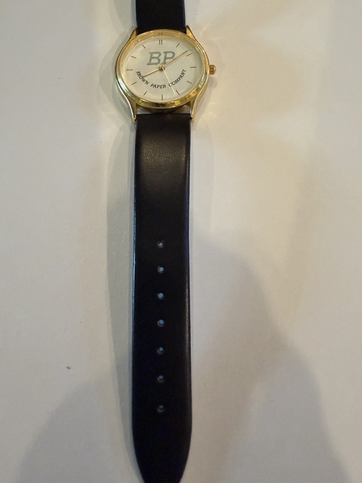 Brown Paper Company Logo Dial Analog Quartz Gold Case Black Leather Strap