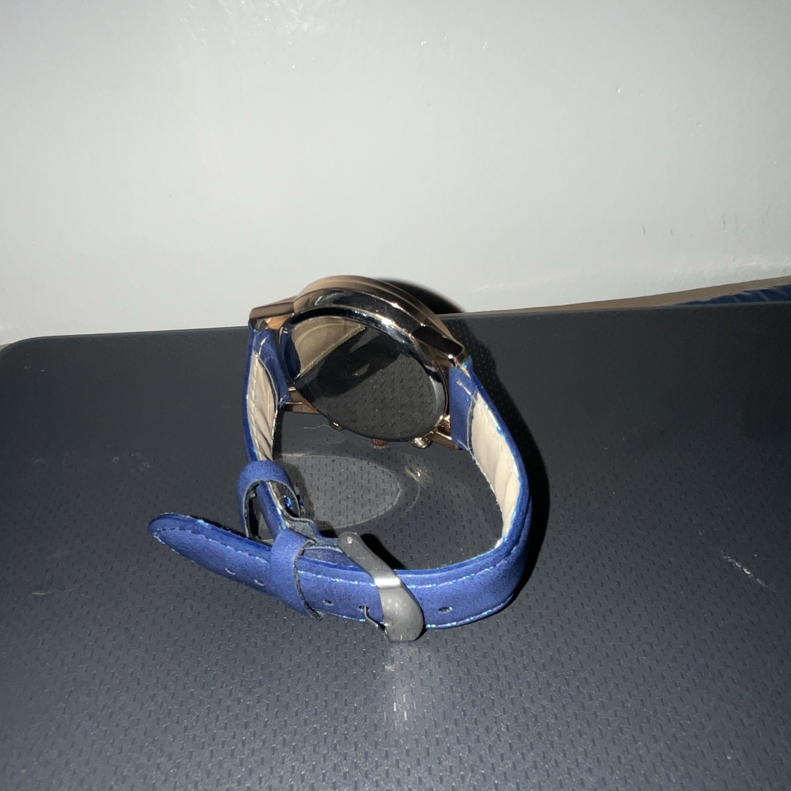 Men’s Analog Watch Blue Textured Dial Gold Tone Case Blue Faux Leather Strap