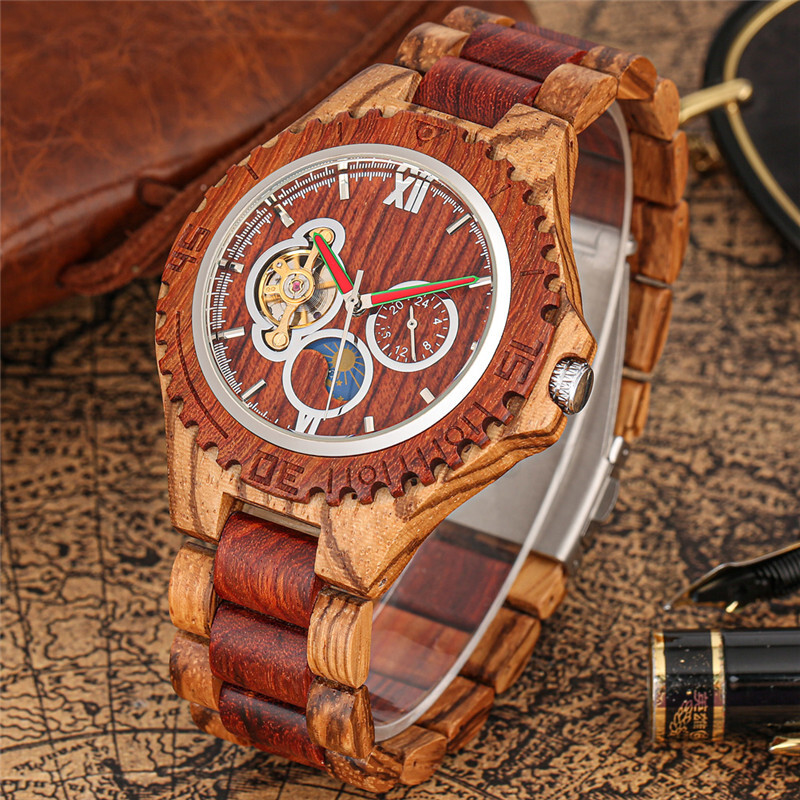 Men’s Wooden Automatic Watch Full Wooden Bracelet Wristwatch Folding Clasp Gifts