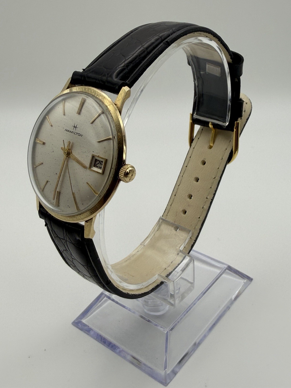 Vintage Hamilton Swiss Hand Wind 34mm Gold Tone Date Dress Watch Runs