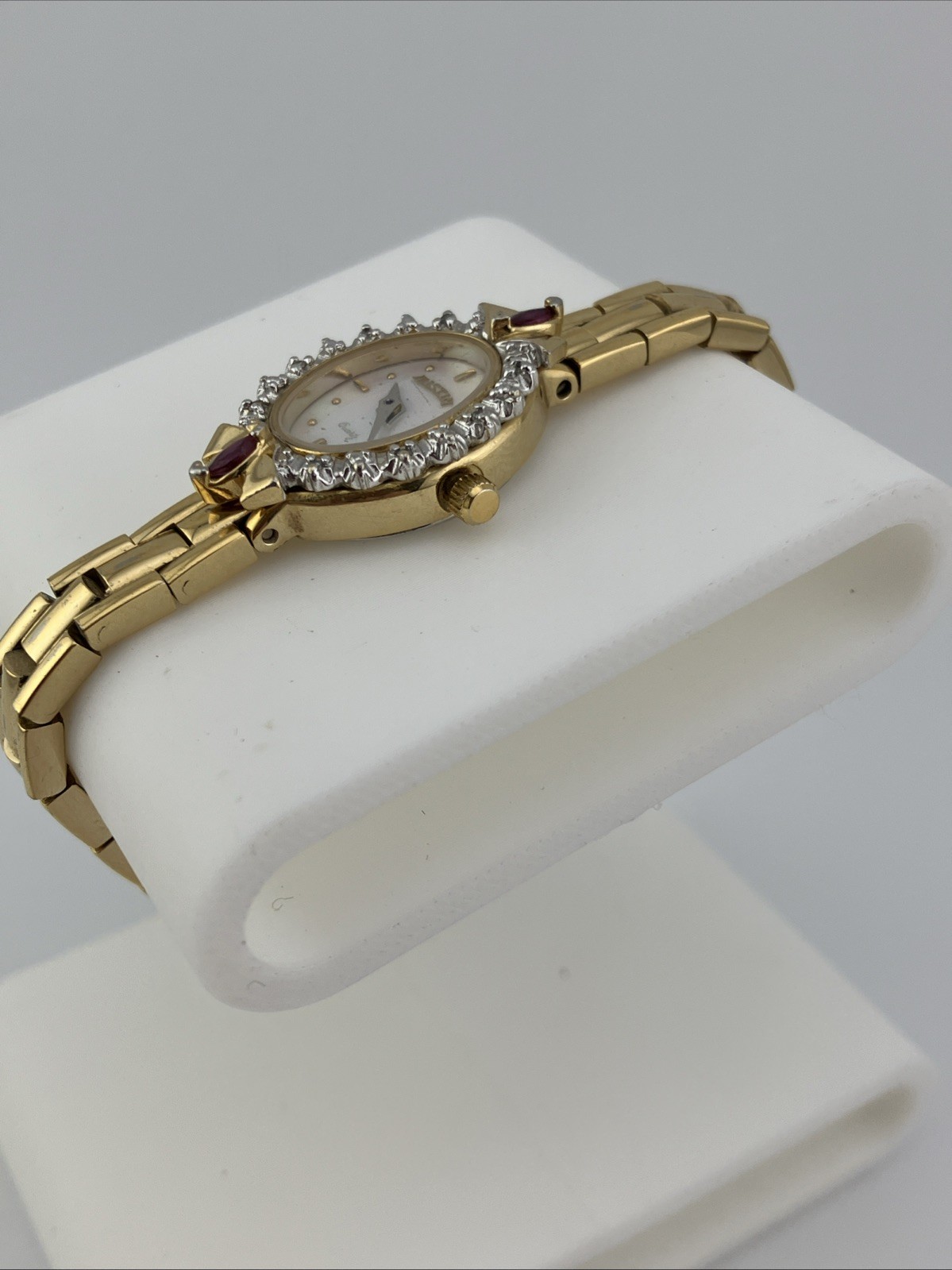 Vtg Austin Lades 17mm Watch Gold Tone Diamond & Ruby Bezel MOP Dial 5.75″ – RUNS
