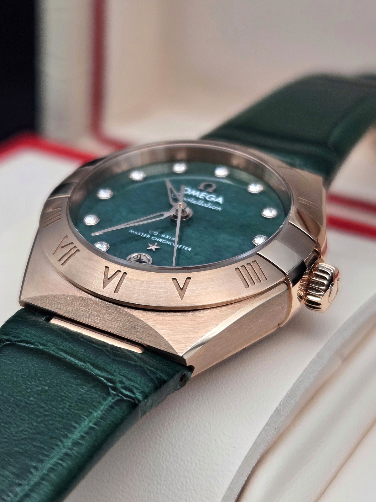NEW Omega Constellation Ladies 18K Sedna Gold Green Aventurine Factory Diamonds