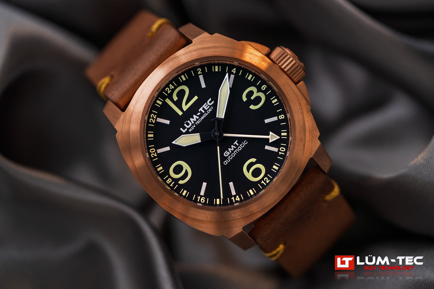 Lum-Tec M94 Bronze NO Date GMT Mens Automatic Watch 44mm Solid CuSn8 Bronze Case