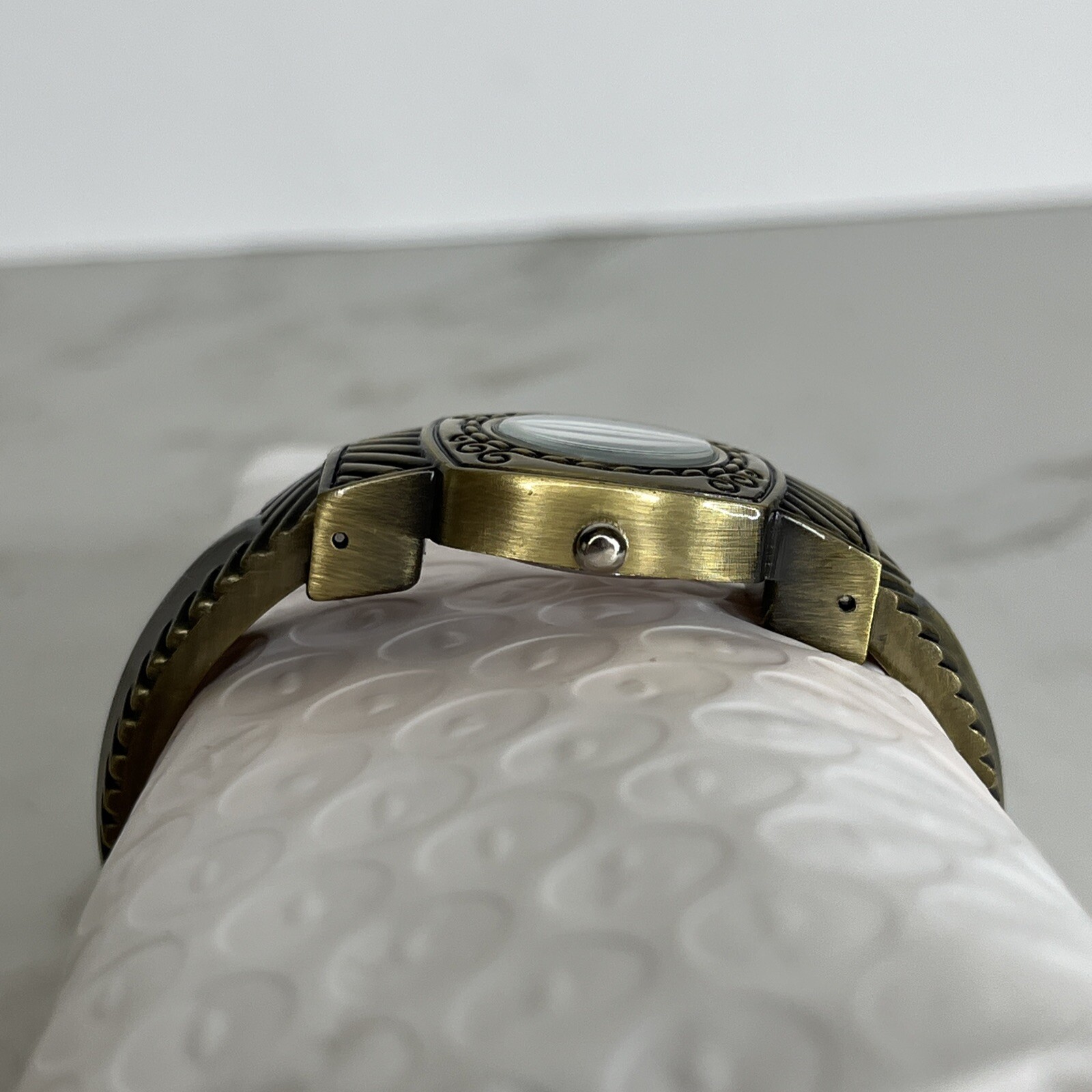 Geneva Watch Bronze Tone Carved Open Cuff Bracelet No. 2585 Stainless Steel