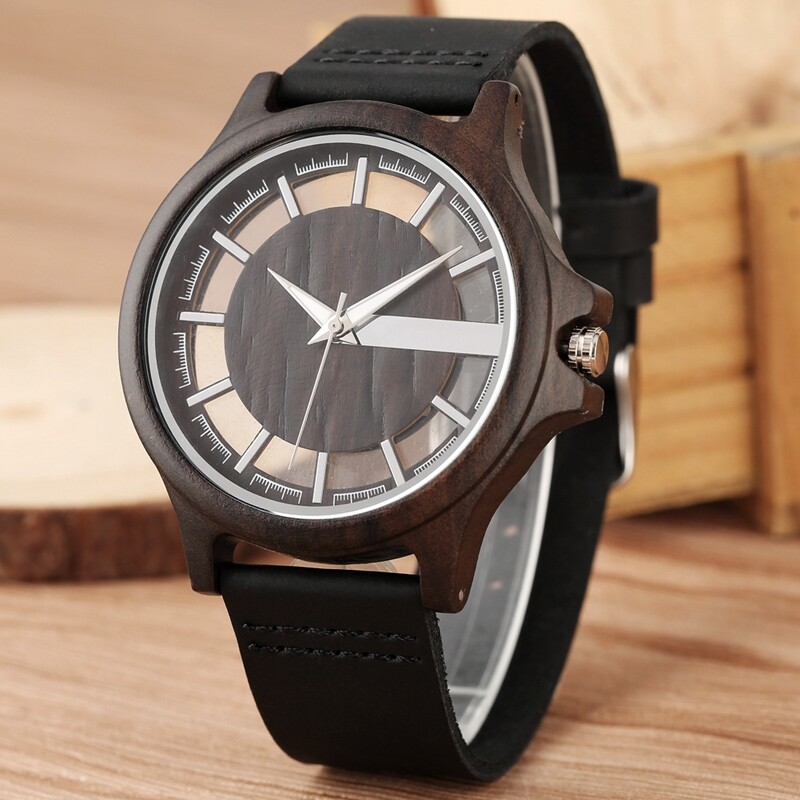 Modern Natural Wood Men’s Sport Quartz Wrist Watch Black Brown Leather Band Gift