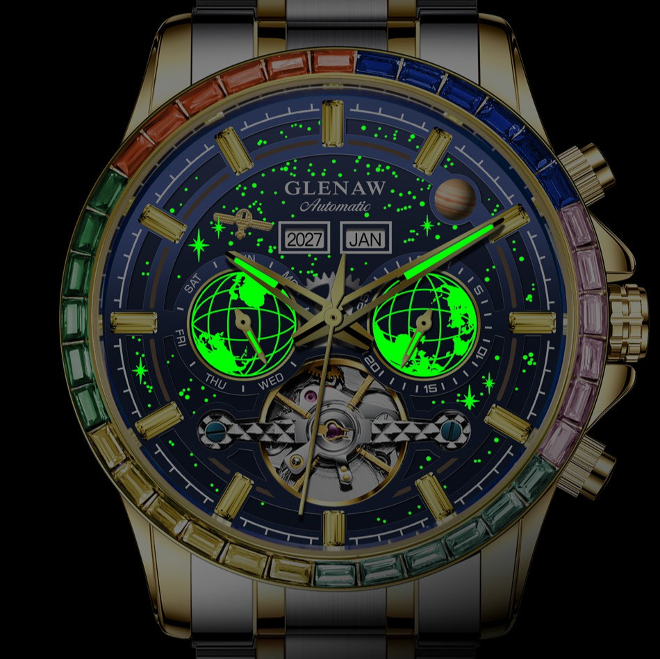 GLENAW Men’s Automatic Watch Rainbow Gemstone Bezel Blue Dial Steel Strap Wristw