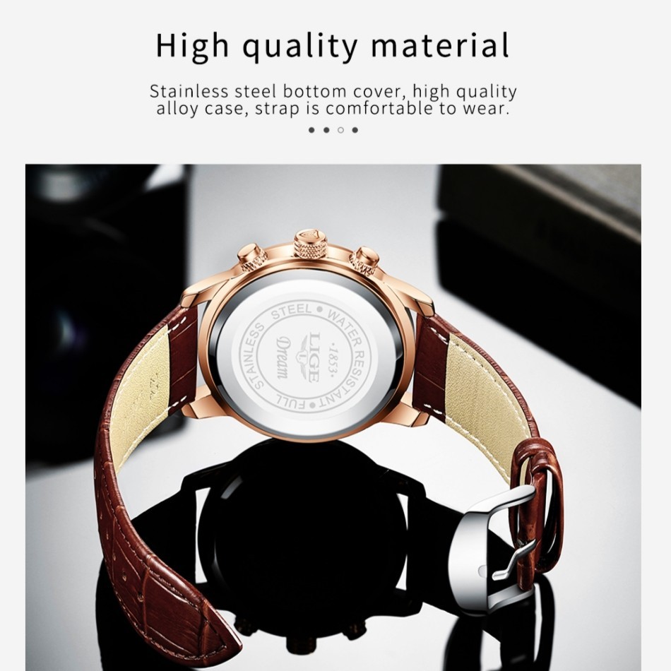 Men’s Watch Quartz Luminous Stainless Steel Case Leather Band Daily Wristwatches