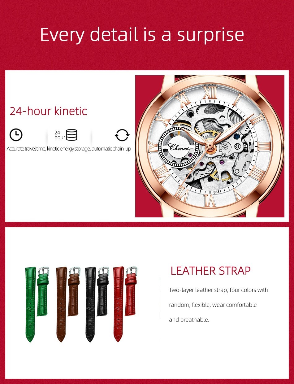 CHENXI Women’s Gril Female Hollow Out Roman Numerals Automatic Mechanical Watch