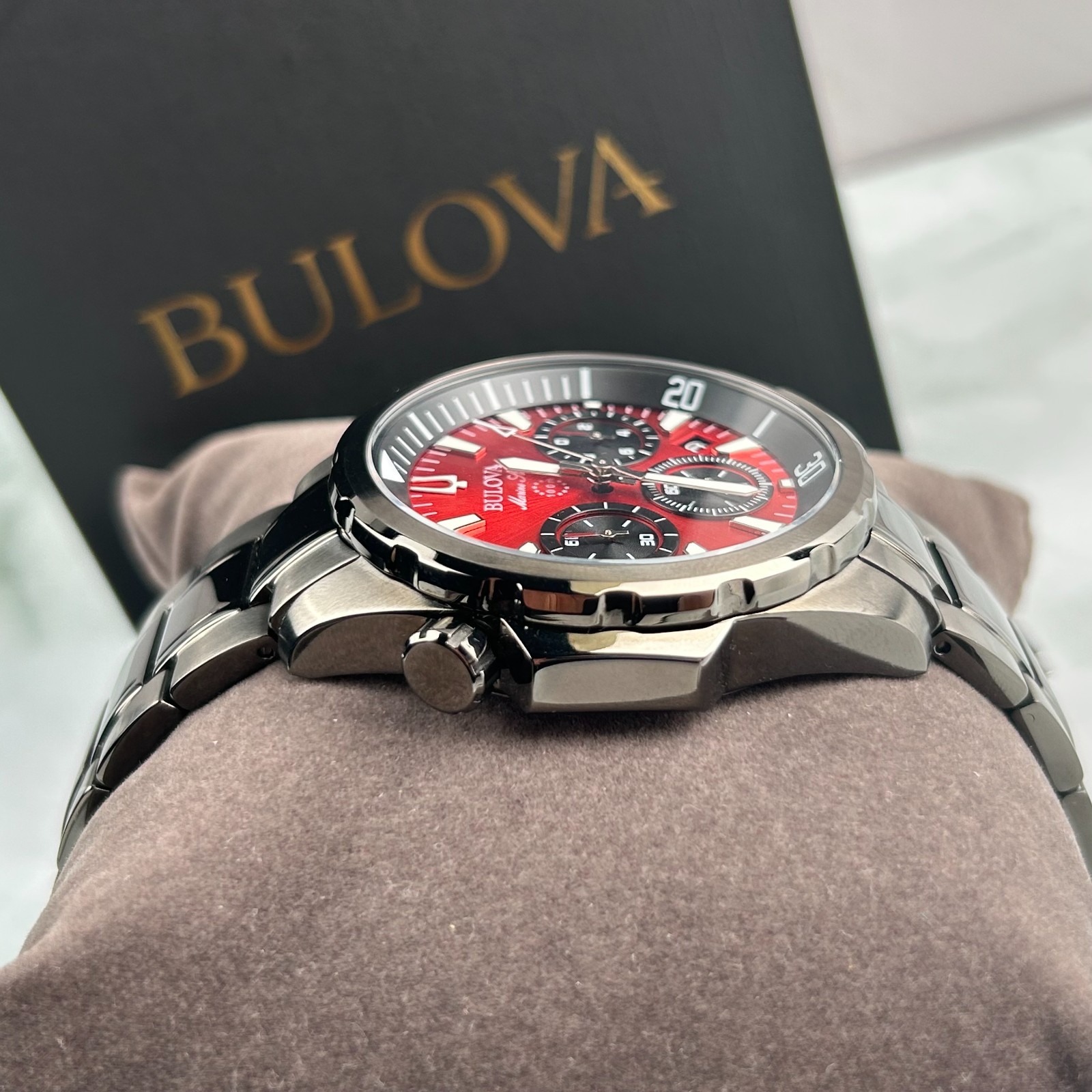 Bulova Marine Star 98B350 Red Dial Gray Band Chronograph Men’s Quartz Watch 43MM