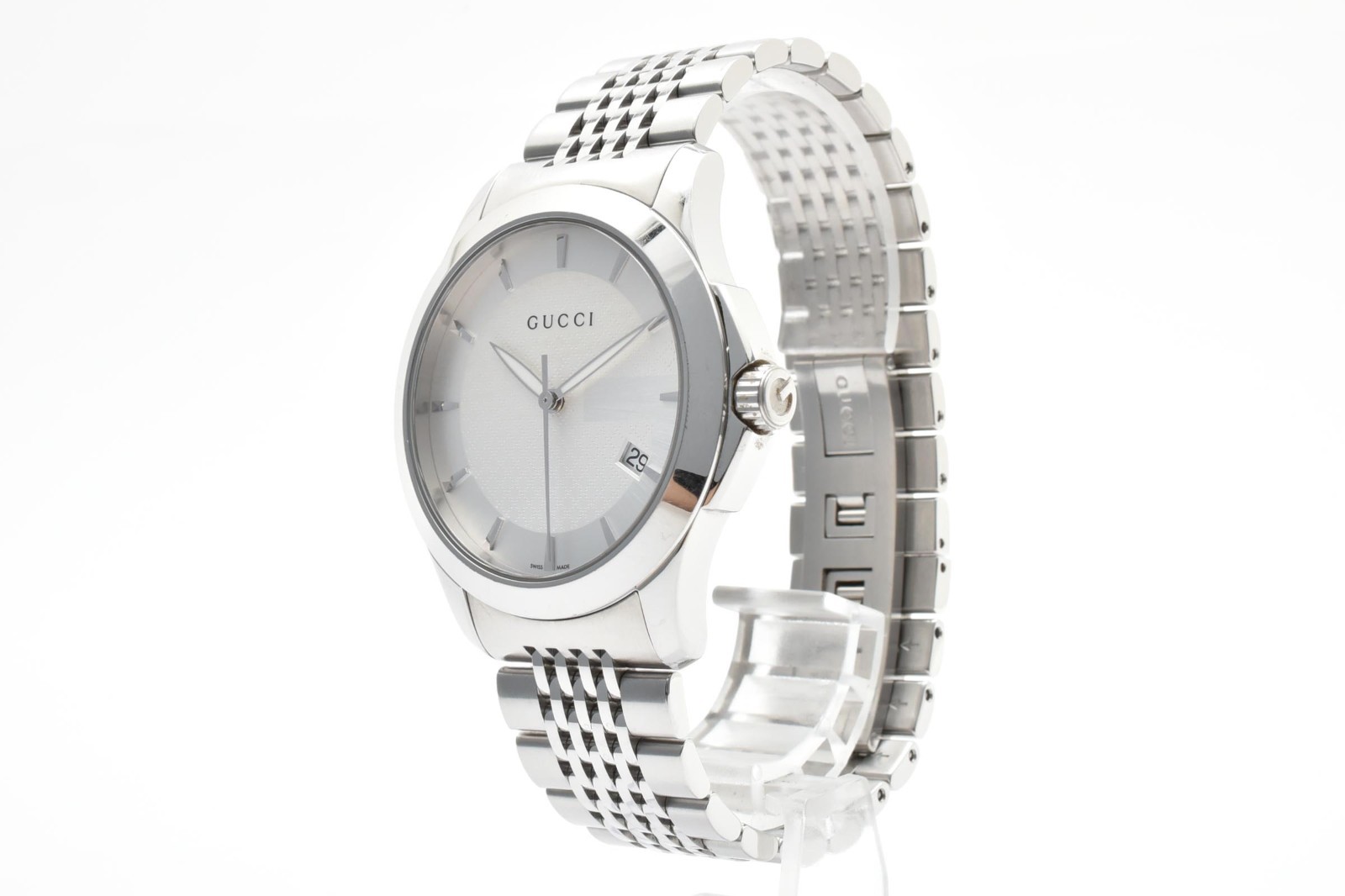 [Exc+5] GUCCI G-Timeless 126.4 Quartz Silver Dial Date Dress Men’s Watch 18cm