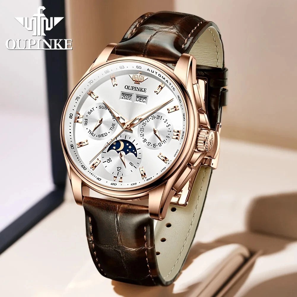 Automatic Mechanical Waterproof Watch Moon Phase Luxury Dial Men’s Men Strap