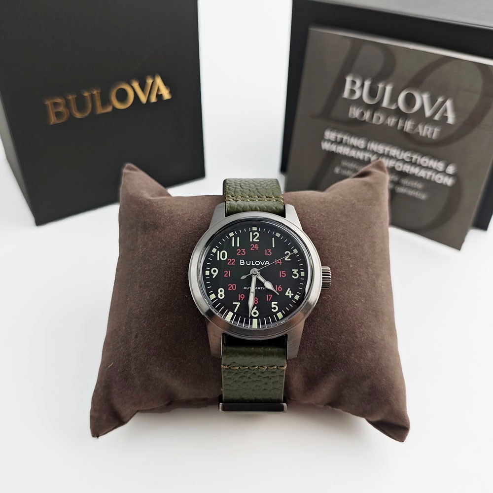 Bulova 98A255 Hack Black Dial Green Leather Strap Automatic Men’s Watch 38MM