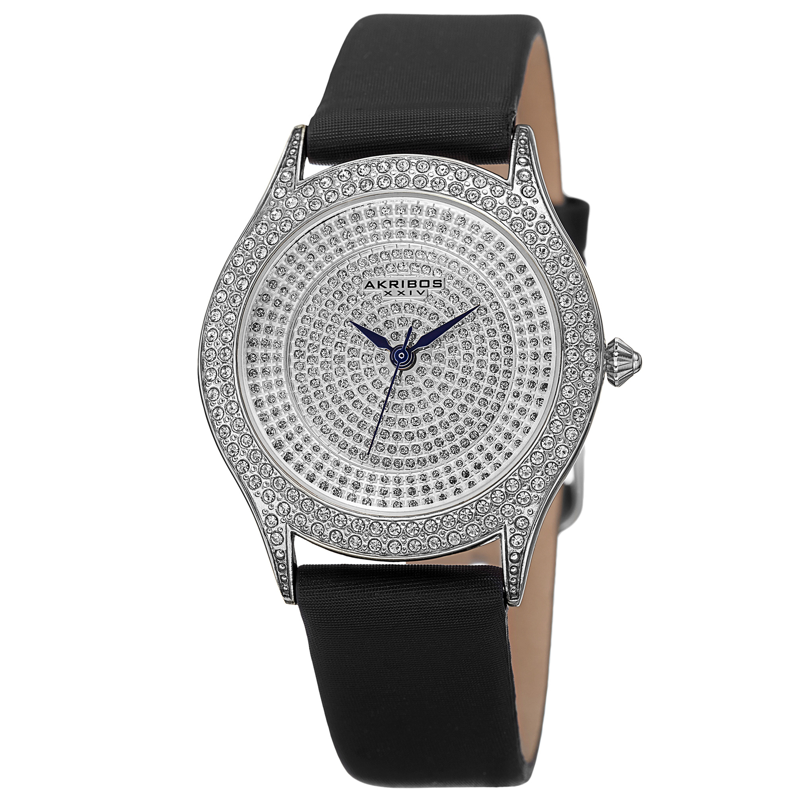 Women’s Akribos XXIV AK896SS Silver-tone Crystal Pave Black Satin Strap Watch