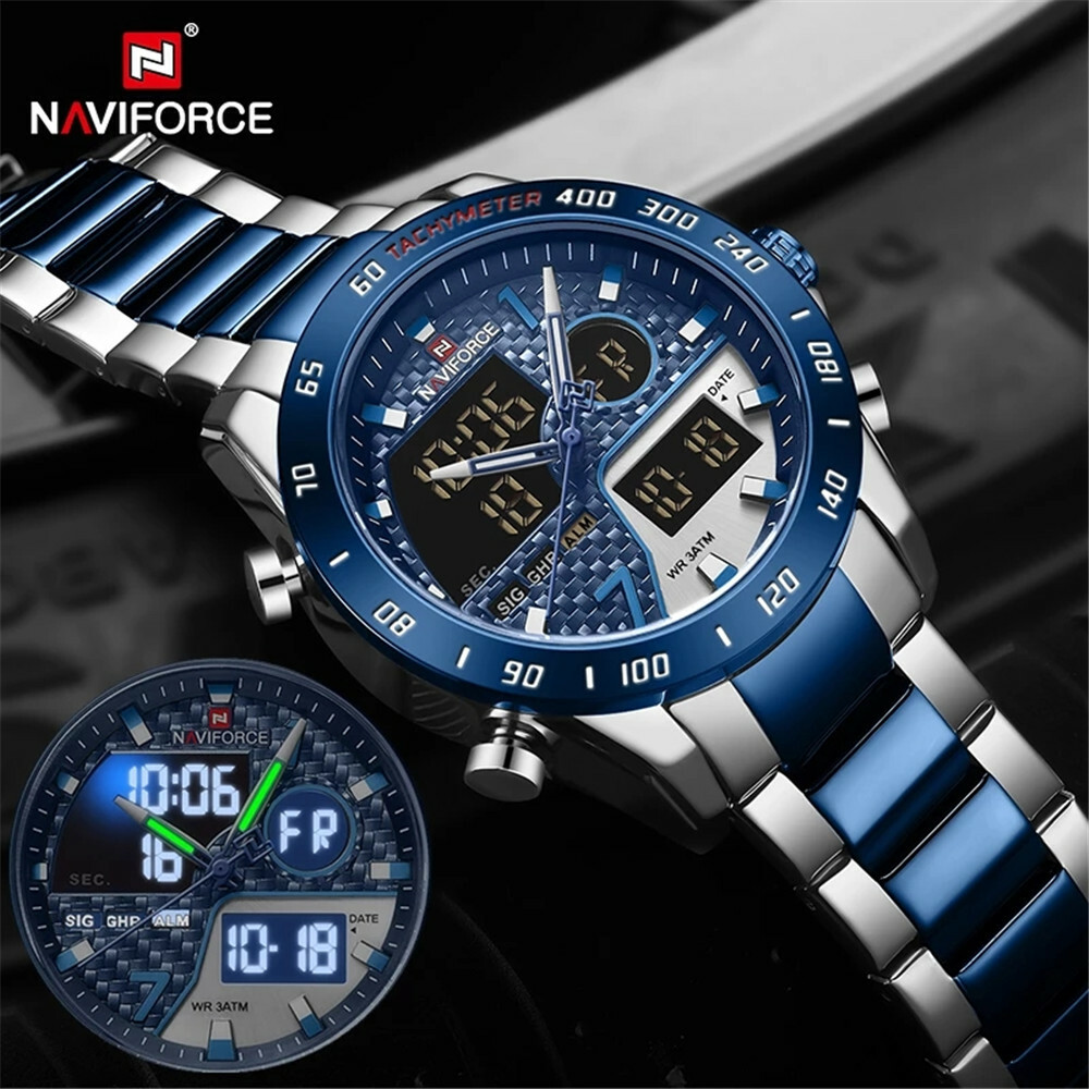 NAVIFORCE Men Watch Military Sport Digital Watches Silver Steel Male Wristwatch