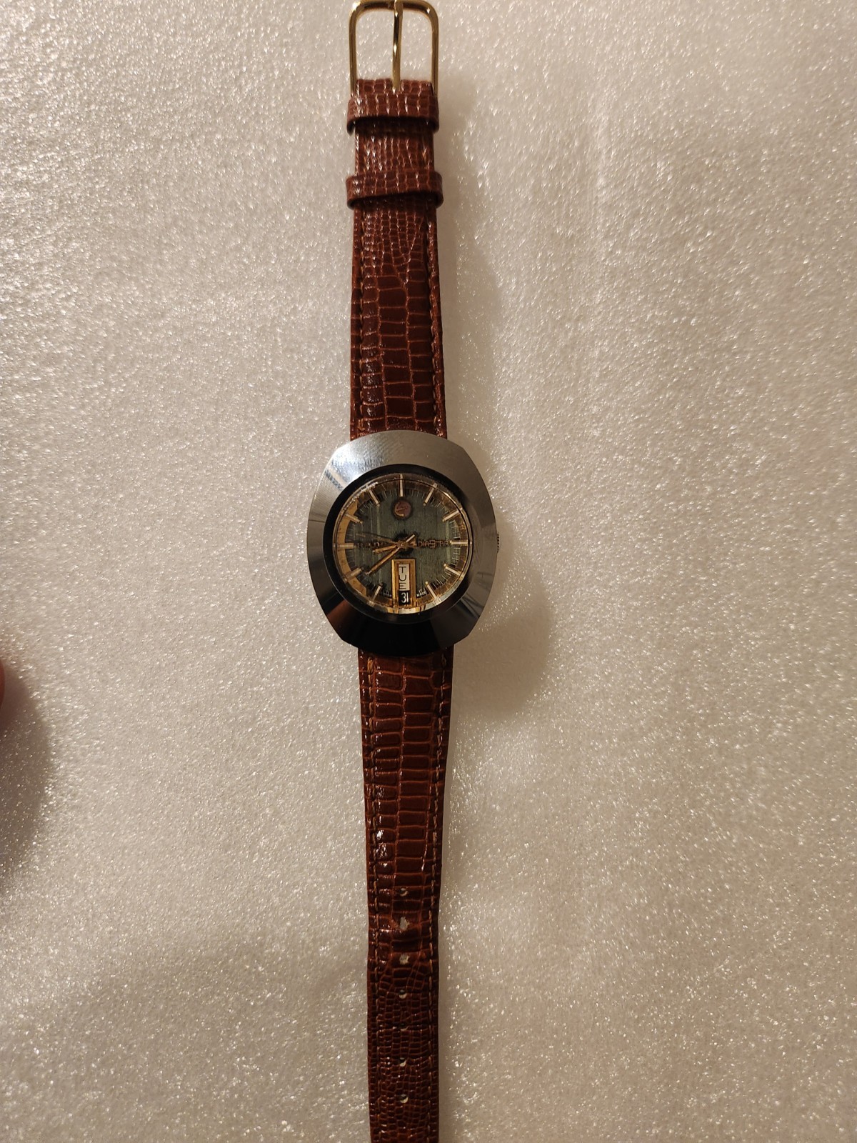 Rado DiaStar Automatic Day/Date Green Dial Black Bezel Gray Case Brown Strap